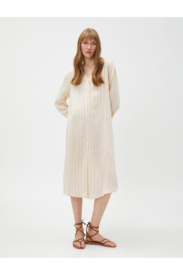 Koton Koton Midi Shirt Dress V-Neck Linen Blended