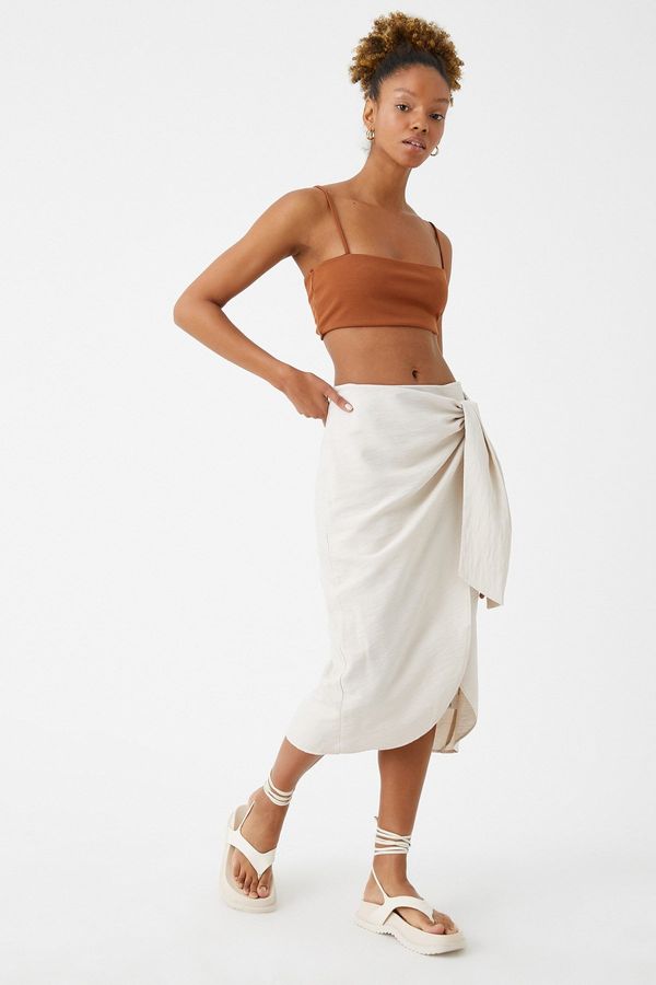 Koton Koton Midi Skirt with a Tie Detailed and a Slit in the Front.
