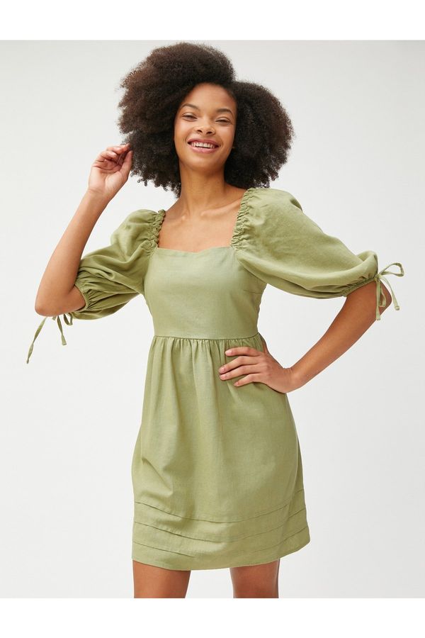 Koton Koton Mini Dress Long Sleeves Linen Viscose Blend Square Collar