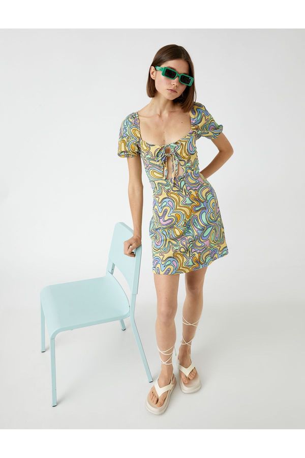 Koton Koton Mini Dress Patterned Window Detailed Balloon Sleeve