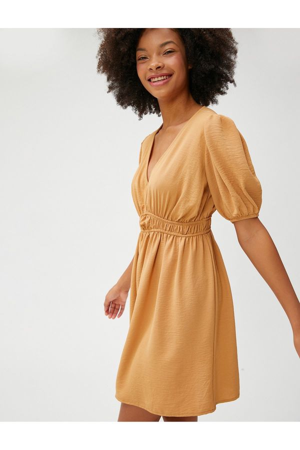 Koton Koton Mini Dress V Neck Balloon Sleeve Gathered Waist