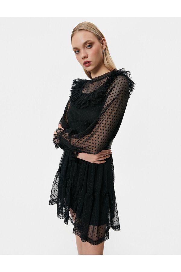 Koton Koton Mini Lace Dress Frilly Crew Neck Belt Detailed