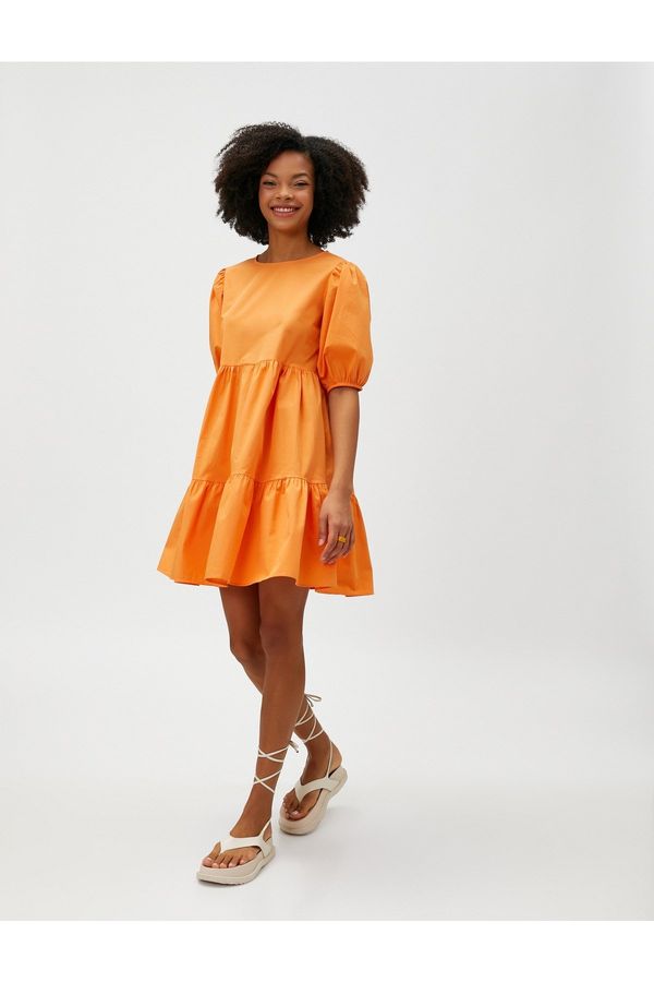 Koton Koton Mini Poplin Dress with Balloon Sleeves Ruffles Crew Neck Cotton