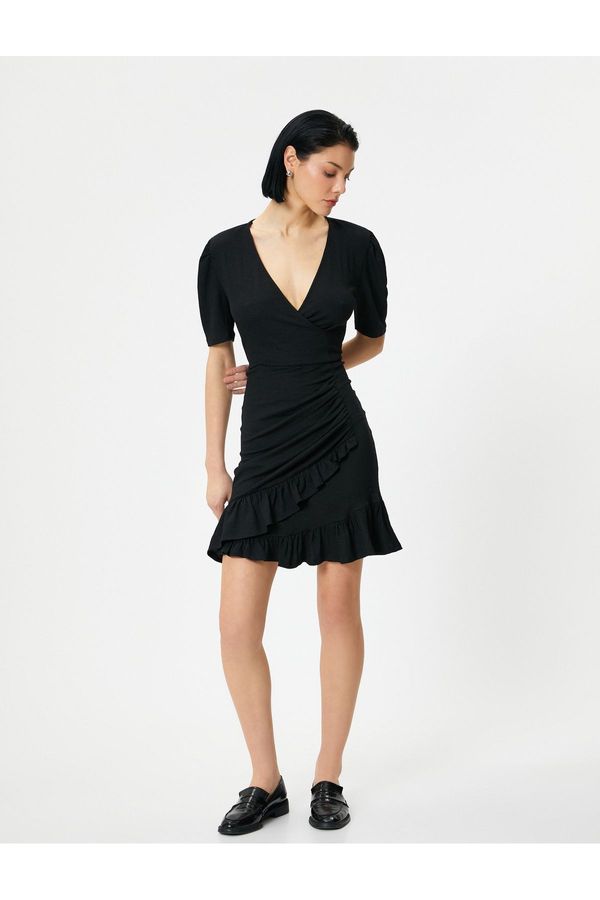 Koton Koton Mini Ruffle Dress V Neck Double Breasted Balloon Sleeve