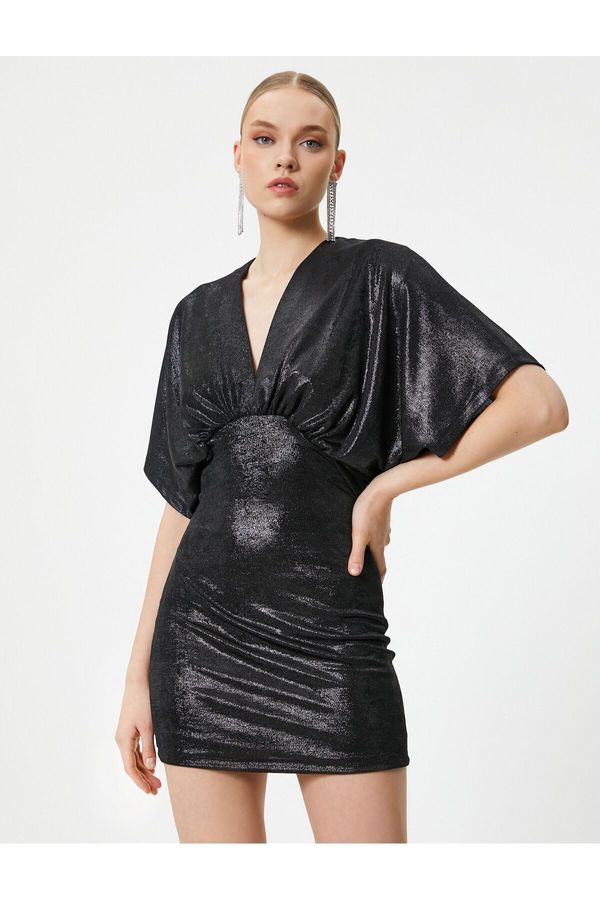 Koton Koton Mini Shiny Evening Dress Bat Sleeve V Neck Slim Fit