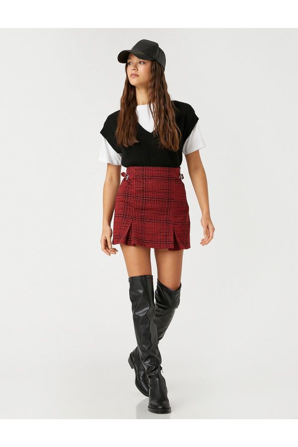 Koton Koton Mini Skirt Pleated Patterned with Buckle Detail on the Sides
