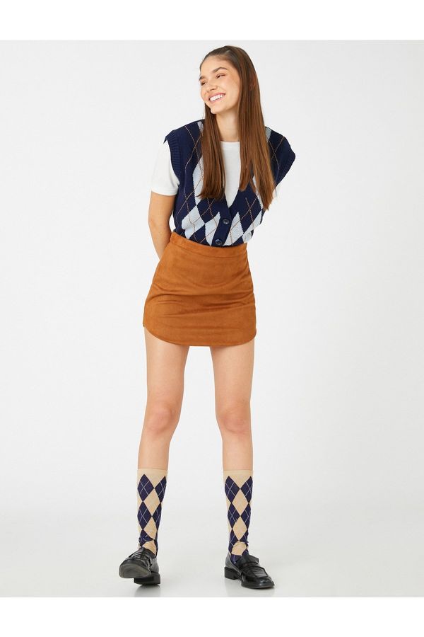Koton Koton Mini Skirt, Suede Look High Waist, Asymmetrical Cut