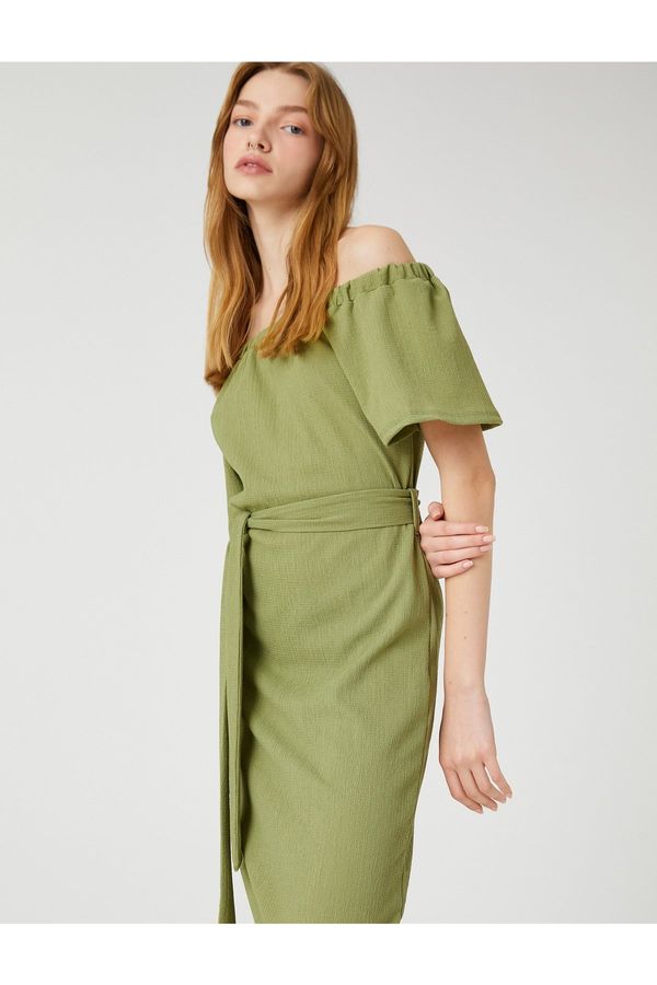 Koton Koton Off-the-Shoulder Midi Dress with Belted Waist, Textured