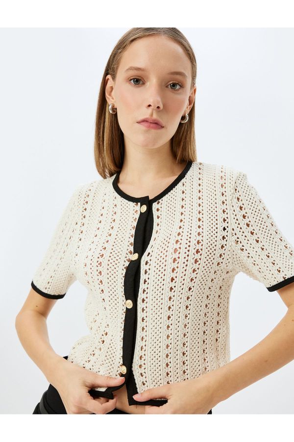 Koton Koton Openwork Buttoned Piping Short Sleeve Crew Neck Cardigan