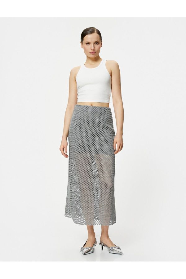 Koton Koton Openwork Crochet Midi Skirt Metallic Glitter Normal Waist
