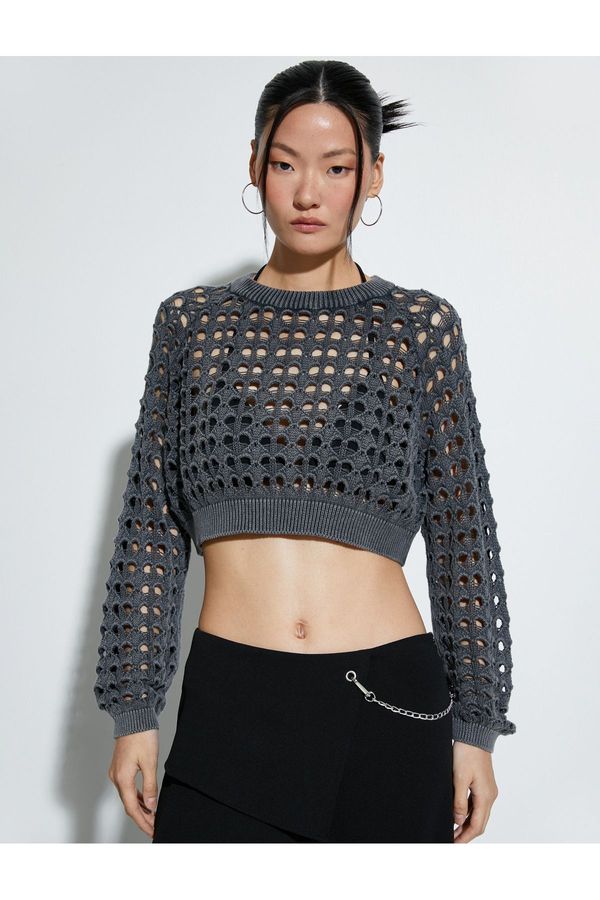 Koton Koton Openwork Crop Sweater Crew Neck Long Sleeve