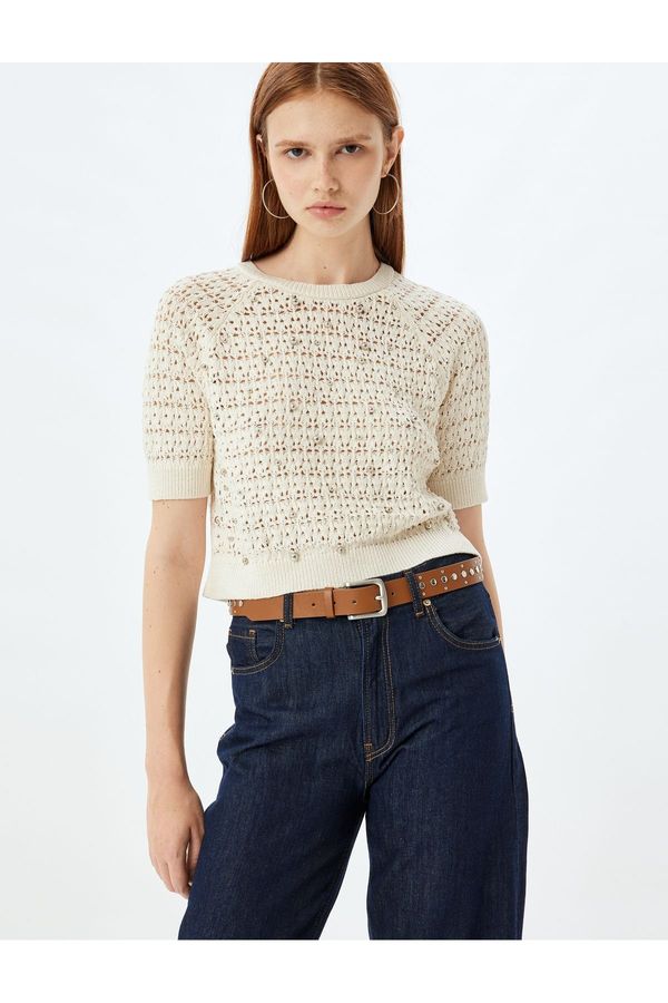 Koton Koton Openwork Crop Sweater Short Sleeve Crew Neck Beaded Embroidered