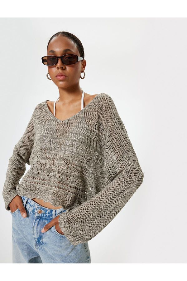 Koton Koton Openwork Sweater V Neck Bell Sleeve Acrylic Blend