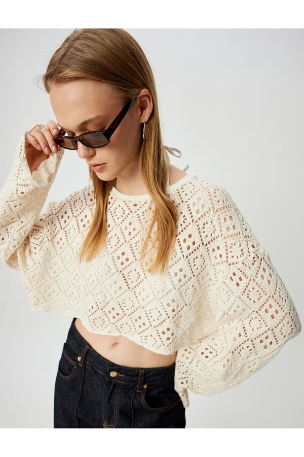 Koton Koton Openwork T-Shirt Crop Long Sleeve Crew Neck Comfortable Pattern