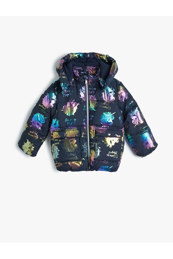 Koton Koton Oversize Down Coat Unicorn Printed Covered Pocket Fleece Lined