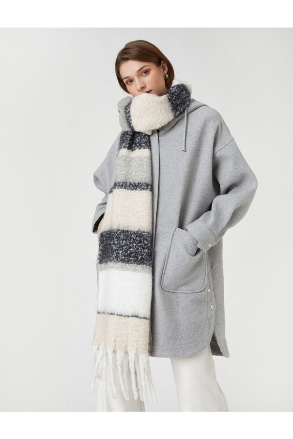 Koton Koton Oversize Hooded Cachet Coat Wool Blended With Pocket Zipper