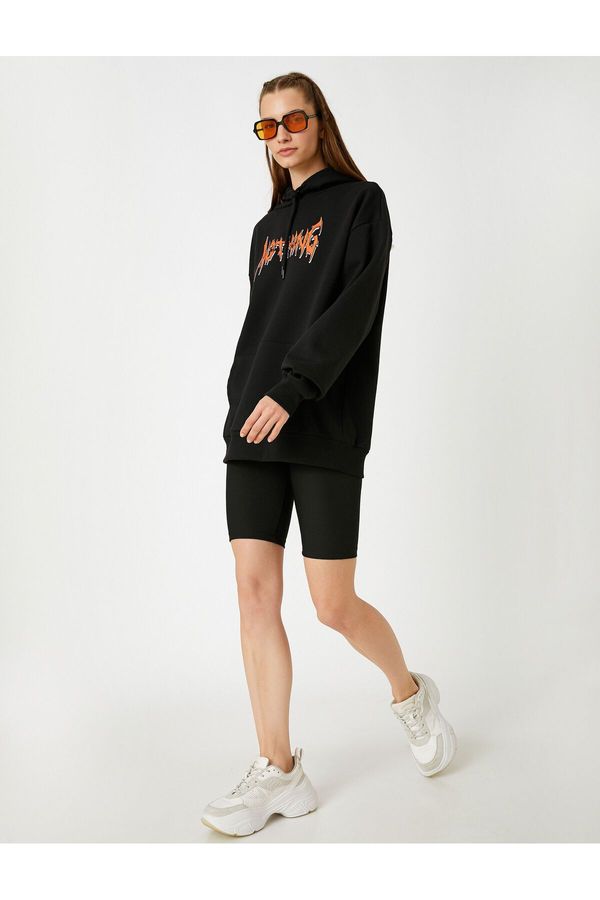 Koton Koton Oversize Hooded Printed Sweatshirt Fleece Inner