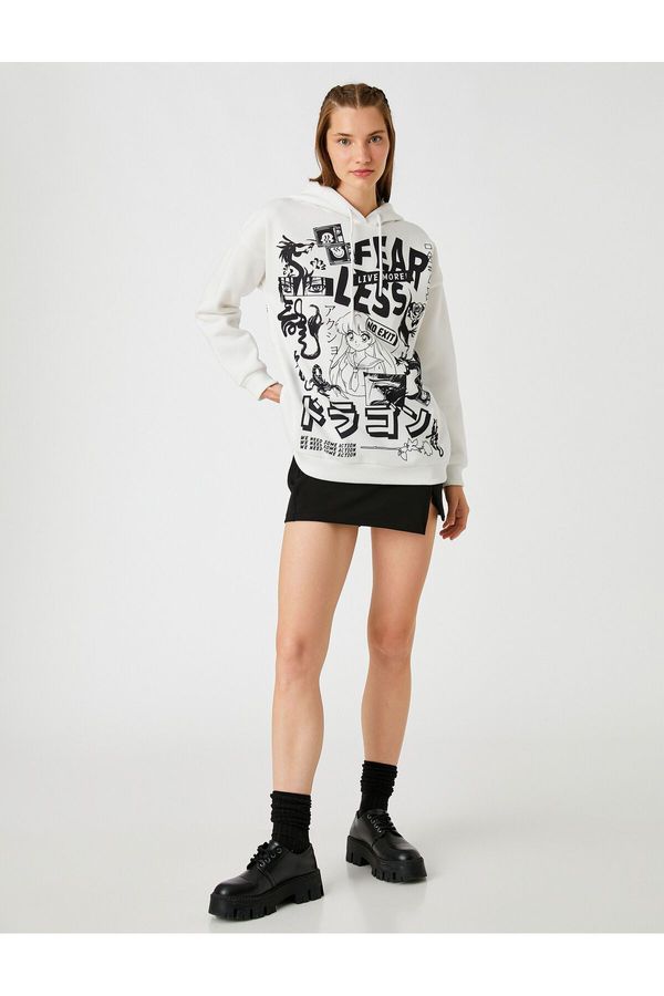 Koton Koton Oversize Printed Hooded Sweatshirt Fleece Inner