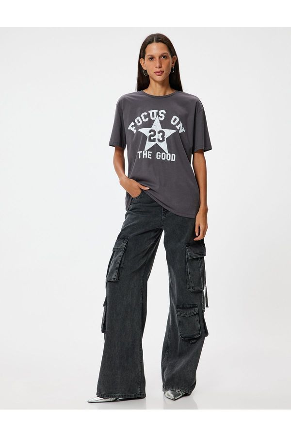 Koton Koton Oversize T-Shirt College Printed Crew Neck Short Sleeve Cotton