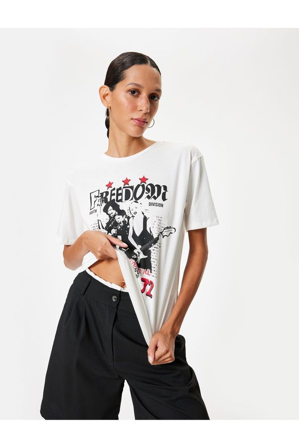 Koton Koton Oversize T-Shirt Printed Crew Neck Short Sleeve Cotton