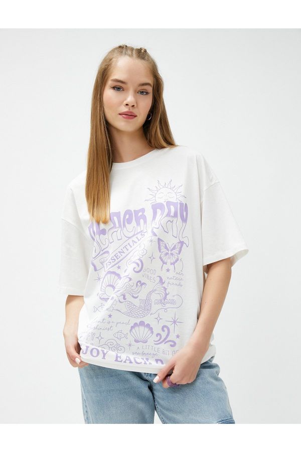Koton Koton Oversize T-Shirt Printed Short Sleeve Crew Neck Cotton