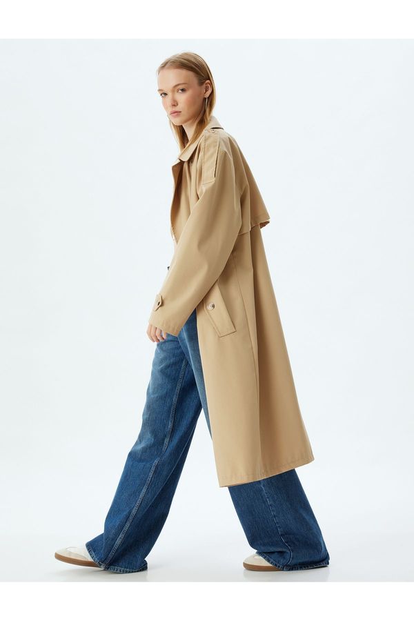 Koton Koton Oversize Trench Coat Double Breasted Collar Epaulette Buttoned Pocket Detail