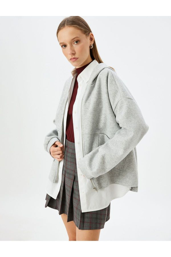 Koton Koton Oversize Zippered Cardigan with Hood and Pocket Detail