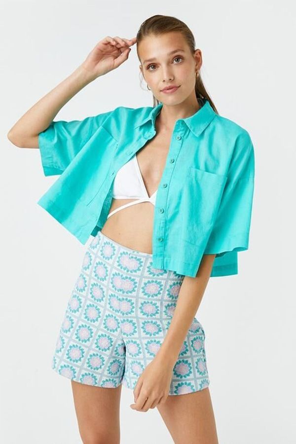 Koton Koton Oversized Crop Shirt Linen Blend