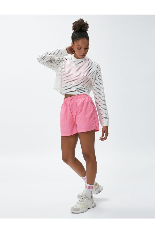 Koton Koton Oversized Crop Sports T-Shirt with a Fishnet Look with Long Sleeves.