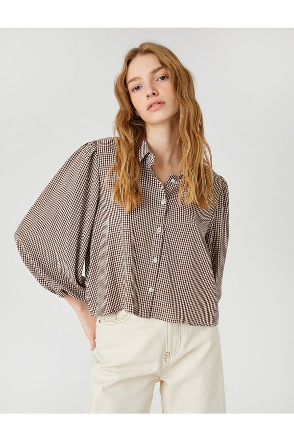 Koton Koton Oversized Shirt Viscose with Balloon Sleeves, Gingham and Buttons.