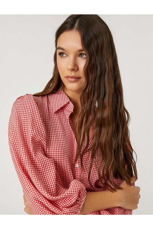 Koton Koton Oversized Shirt Viscose with Balloon Sleeves Gingham and Buttons.