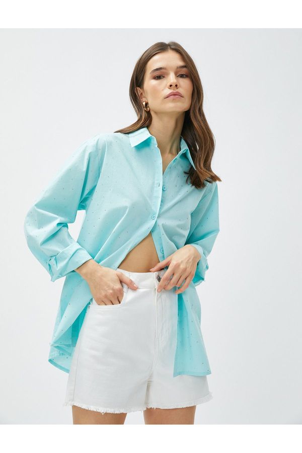 Koton Koton Oversized Shirt with Stones and Long Sleeved Cotton