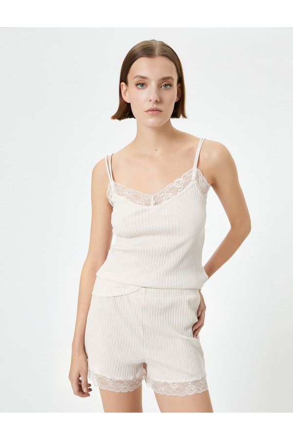 Koton Koton Pajama Top Thin Strap Lace Detail Ribbed