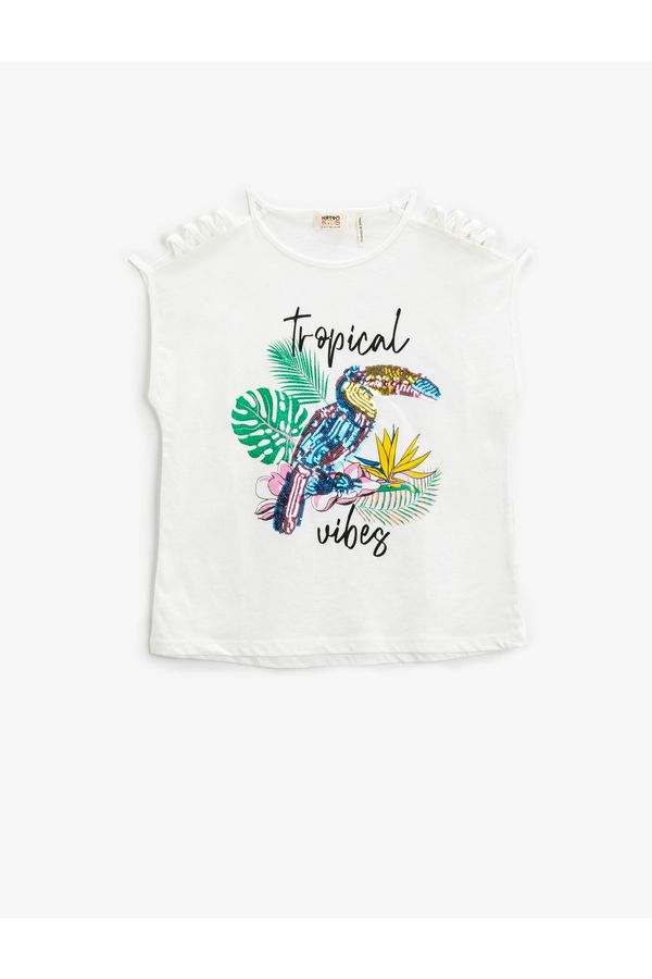 Koton Koton Parrot Sequin Embroidered T-Shirt Window Detailed Sleeveless