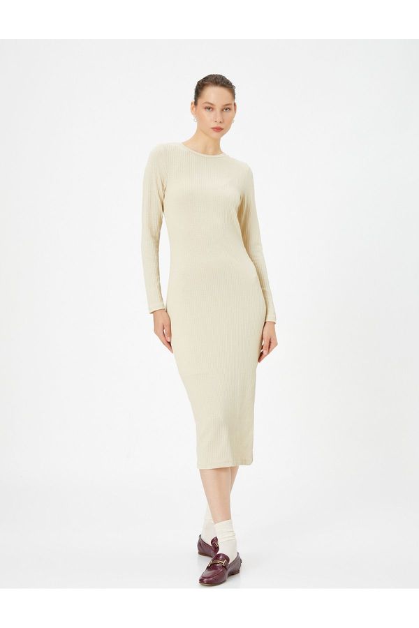 Koton Koton Pencil Dress Basic Long Sleeve Round Neck Lined Slit Detailed