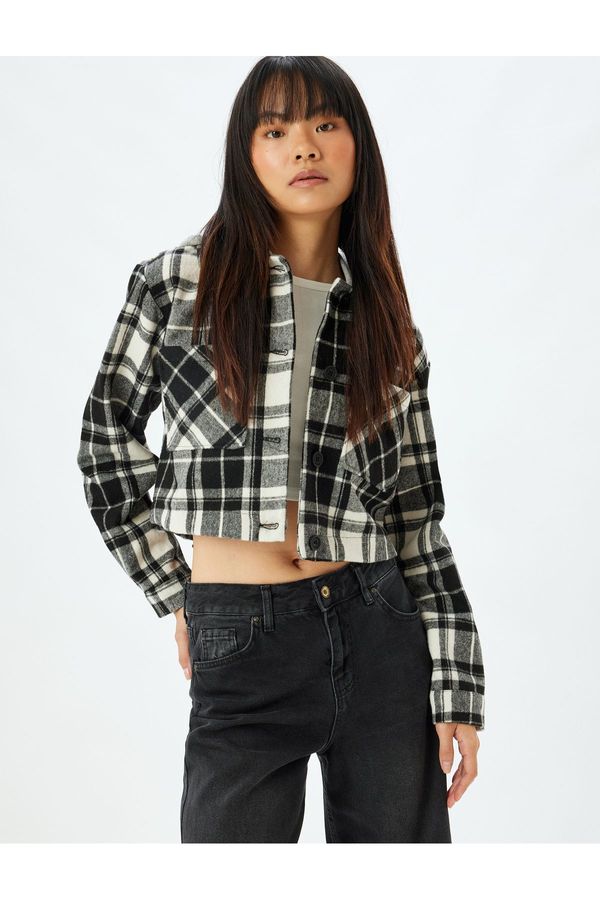 Koton Koton Plaid Crop Cashmere Shirt Jacket Hooded