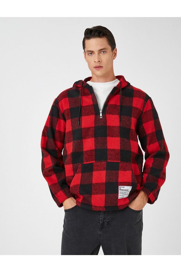 Koton Koton Plaid Hooded Sweatshirt Label Printed Pocket Detail Half Zipper