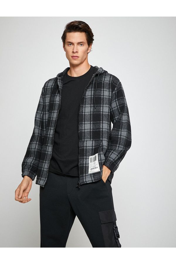 Koton Koton Plaid Hooded Sweatshirt Pocket Detail Zipper Label Printed