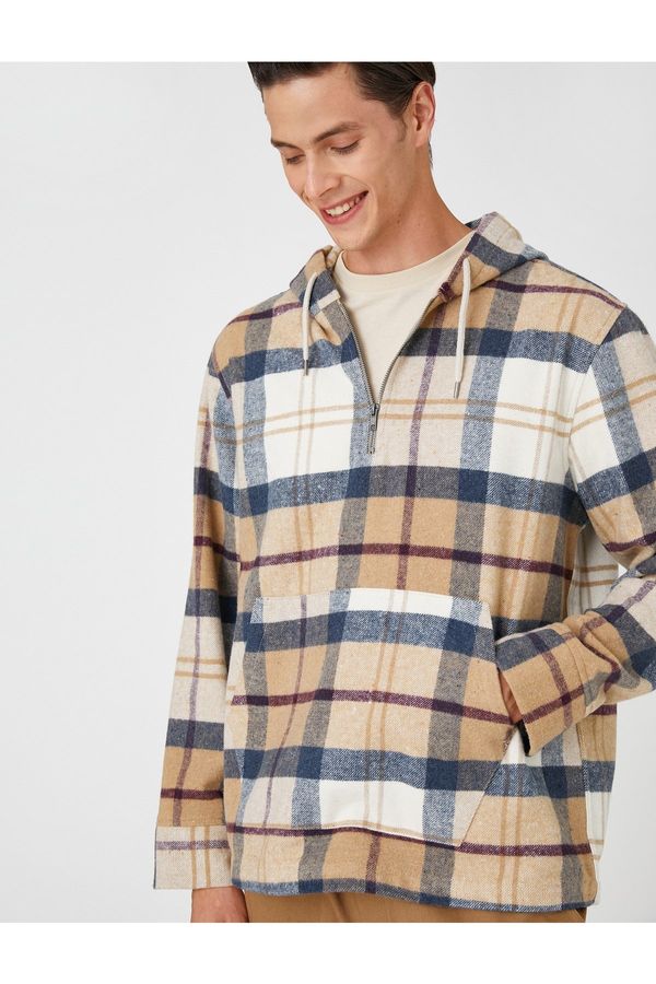 Koton Koton Plaid Oversize Sweatshirt Hooded Pocket Detailed Half Zipper