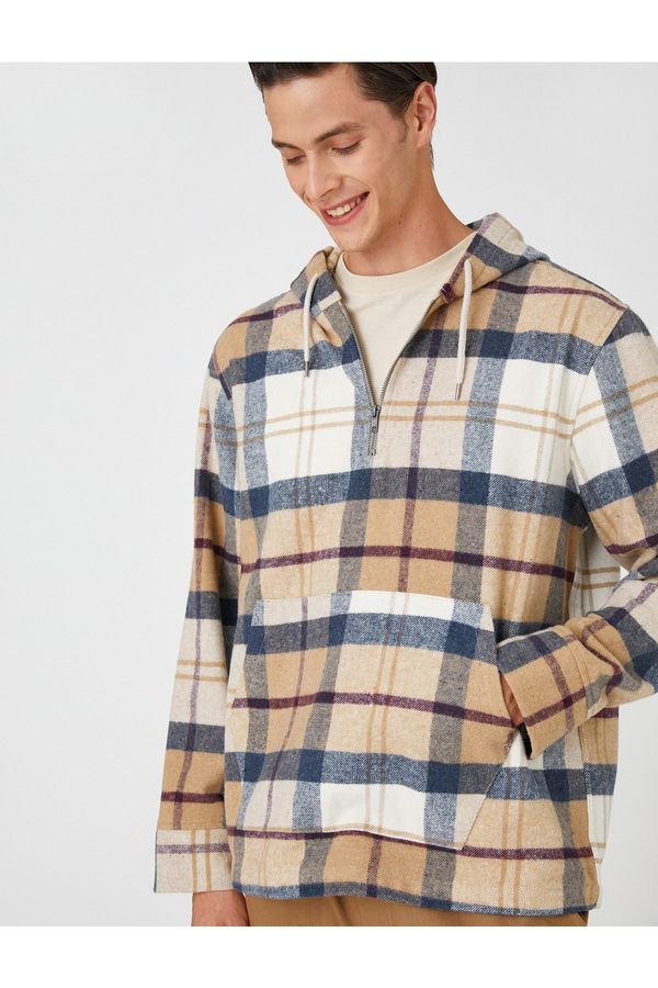 Koton Koton Plaid Oversize Sweatshirt Hooded with Pocket Detail and Half Zipper