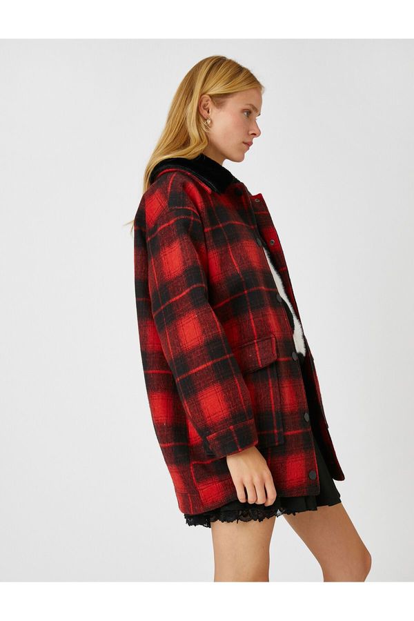 Koton Koton Plaid Woolen Coat with Removable Collar and Plush Detail