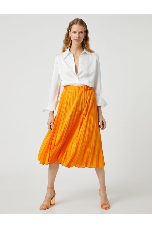 Koton Koton Pleated Midi Length Skirt A-Cut Elastic Waist