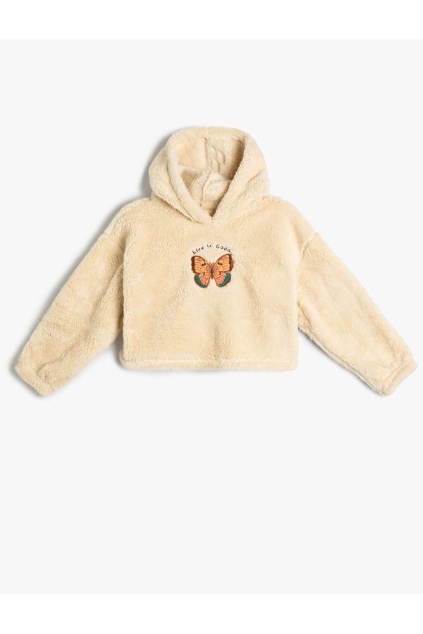 Koton Koton Plush Hooded Sweatshirt Butterfly Embroidered Long Sleeve
