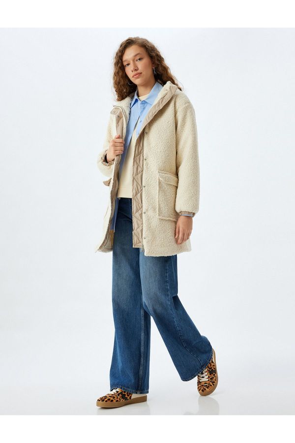 Koton Koton Plush Jacket Hooded Zippered Pocket Detail Lined Snap Button
