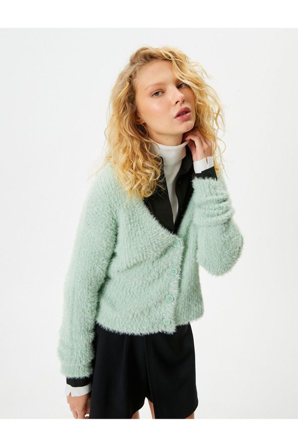 Koton Koton Plush Knitwear Crop Cardigan Long Sleeve Buttoned V-Neck