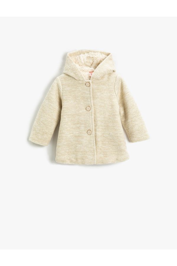 Koton Koton Plush Lined Wool Blend Hooded Coat With Button Fastening.