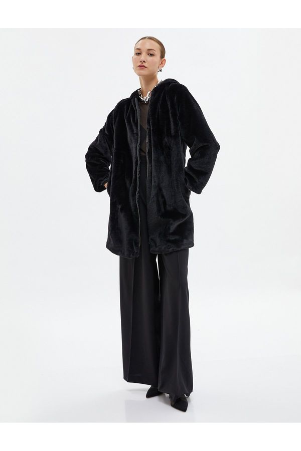 Koton Koton Plush Long Coat Zippered Hooded with Pocket Detail