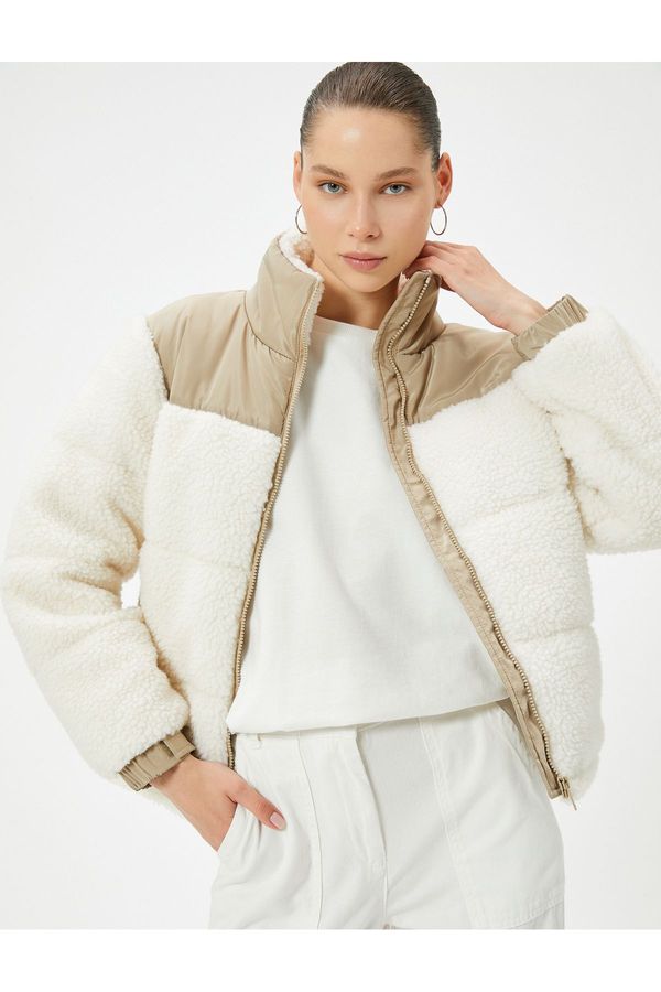 Koton Koton Plush Puffer Jacket Stand Collar Zippered Pockets