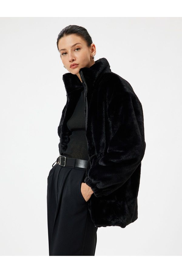 Koton Koton Pocket Elastic Waist Detail Stand Collar Zippered Plush Coat