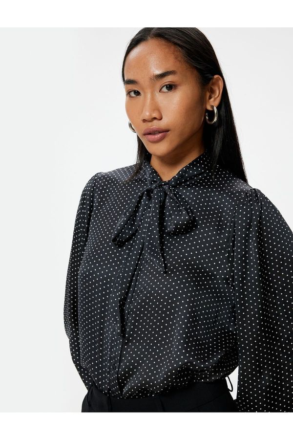 Koton Koton Polka Dot Satin Shirt with Bow Detail Scarf Collar Long Sleeve